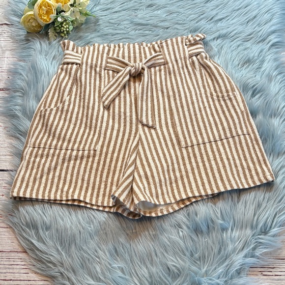 Zara Other - Zara Kids Tan Stripe Tie Waist Paper Bag Shorts sz 13/14